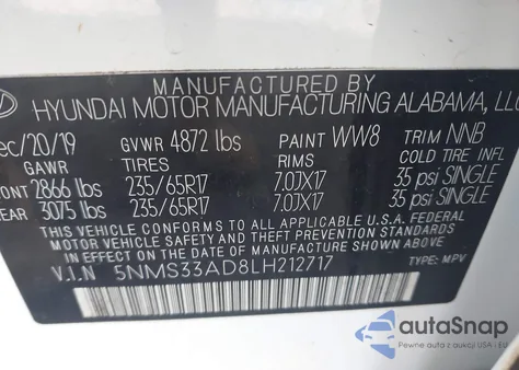 2020 Hyundai Santa Fe Sel из США, поврежденный, VIN 5NMS33AD8LH212717